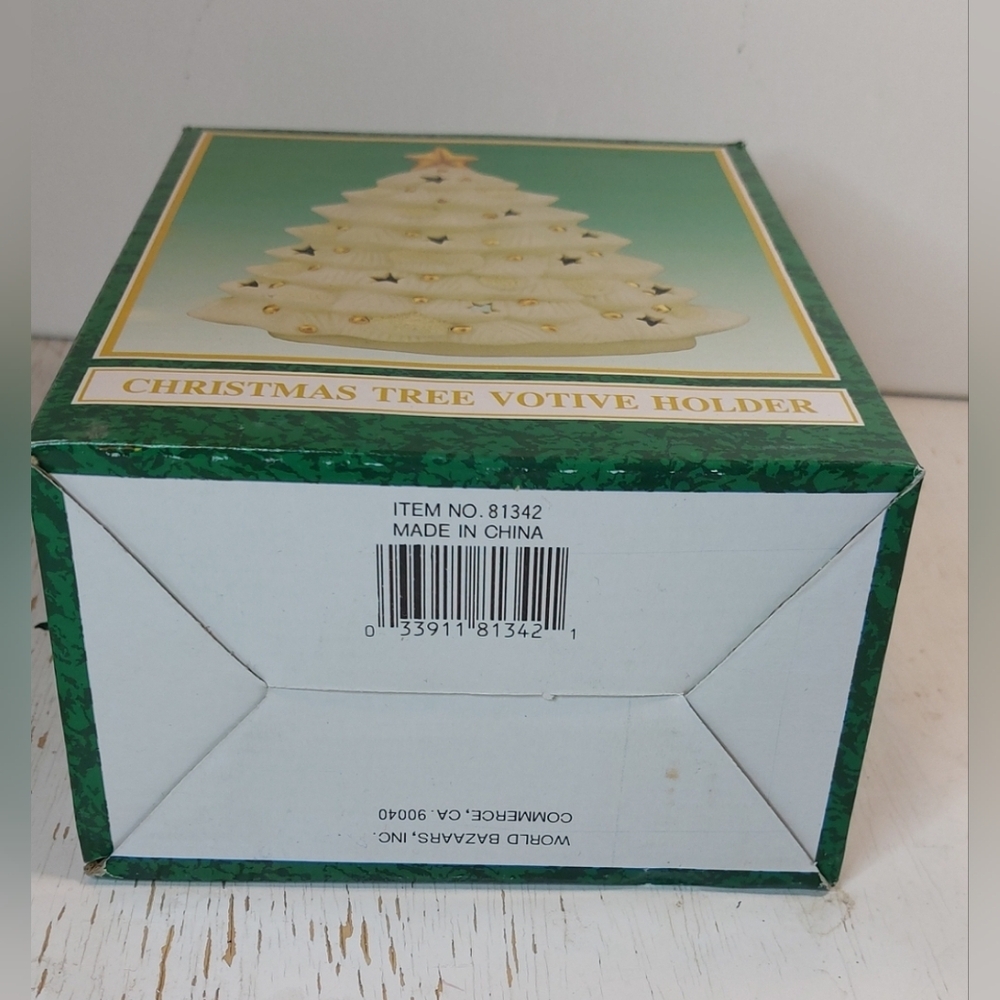 Vintage Matte Ceramic Christmas Tree Votive Holder White w Gold Star Decoration - Picture 3 of 11